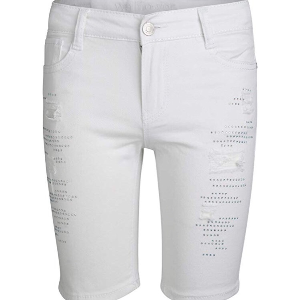 Distressed white denim shorts